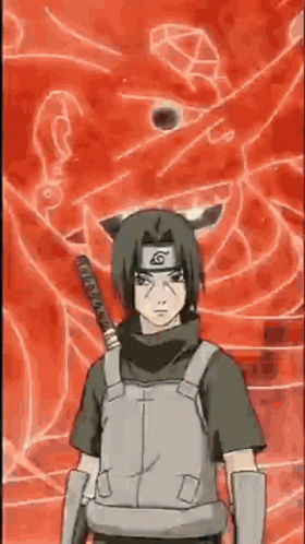Itachi Uchiha From Naruto Is Standing In Front Of A Red Background With A Sword In His Hand . GIF