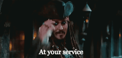 Jack Sparrow From Pirates Of The Caribbean Is Waving His Hand And Saying At Your Service GIF