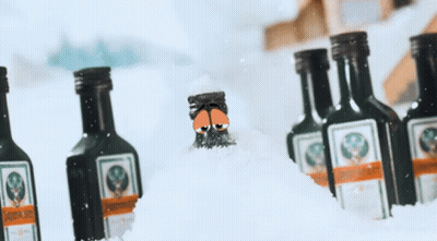 Jagermeister Bottle In Snow With Other Bottles GIF