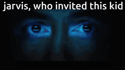Jarvis Who Invited This Kid Is Written Over A Blue Background GIF