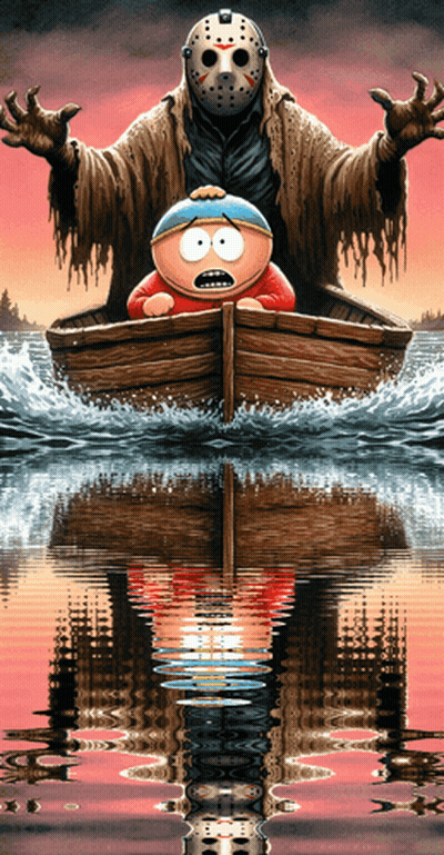 Jason Voorhees And Cartman In A Boat GIF