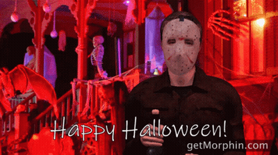 Jason Voorhees Holding Bottle Saying Happy Halloween GIF