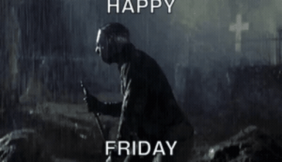 Jason Voorhees Holding Spear in Cemetery Says Happy Friday