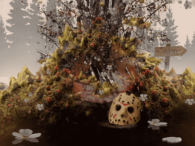 Jason Voorhees Mask In Swamp Near Camp Sign GIF