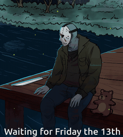 Jason Voorhees Sitting On Dock With Teddy Bear GIF