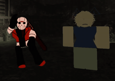 Jason Voorhees Standing Next To Roblox Character GIF