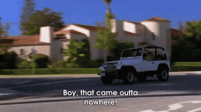Jeep Driving Down Street Saying Boy That Came Outta Nowhere GIF