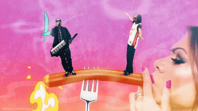 Jeremy Mansford Has Created An Illustration Of A Woman Eating A Sausage And A Man Playing A Keyboard GIF