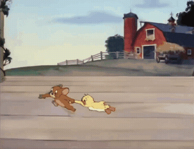 Jerry And Duck Running In Front Of Barn GIF