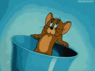 Jerry From Tom And Jerry Is Looking Out Of A Blue Cup GIF