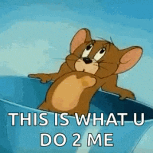 Jerry From Tom And Jerry Is Sitting On Top Of A Blue Bowl And Says `` This Is What U Do 2 Me '' . GIF