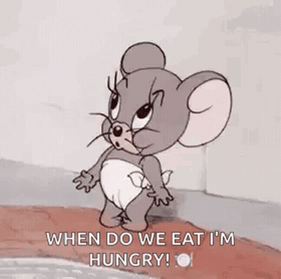 Jerry From Tom And Jerry Is Wearing A Diaper And Saying `` When Do We Eat I 'M Hungry '' . GIF