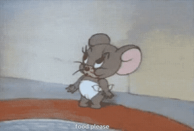 Jerry From Tom And Jerry Is Yawning With The Words Food Please Written Below Him GIF
