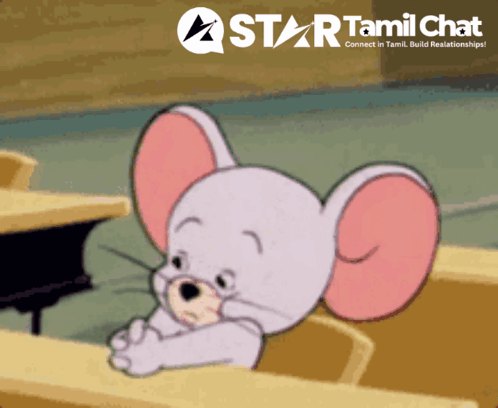 Jerry From Tom And Jerry Sits At A Desk With A Star Tamil Chat Logo In The Background GIF