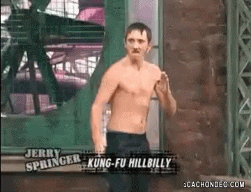 Jerry Springer Kung Fu Hillbilly Is Standing In Front Of A Wall GIF