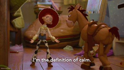 Jessie From Toy Story Is Standing Next To A Brown Horse And Says I 'M The Definition Of Calm GIF