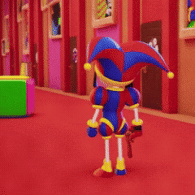 Jester Cartoon On Red Carpet Hallway GIF