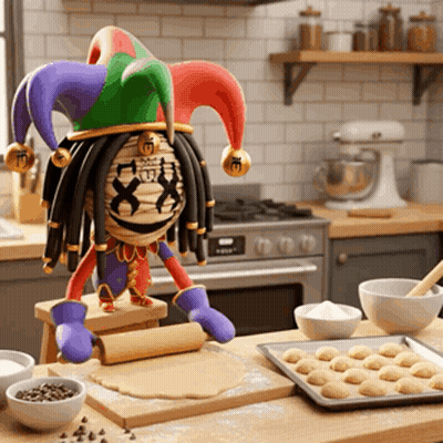 Jester Sitting On Stool Rolling Dough In Kitchen GIF