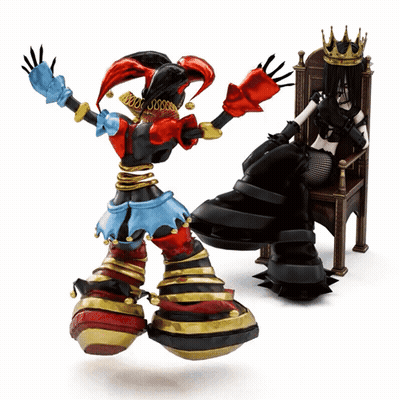 Jester Statue And Queen Statue On Throne GIF