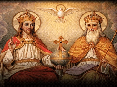 Jesus And Bearded Man Holding Globe And Cross GIF