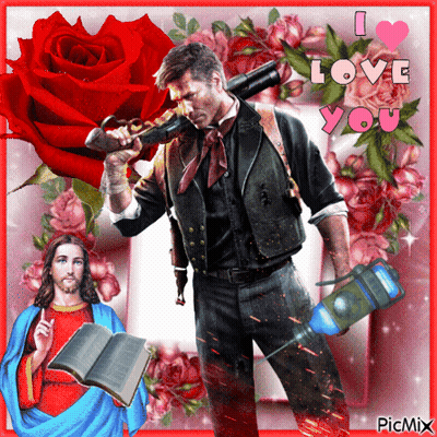 Jesus And Man Holding Gun Saying I Love You GIF