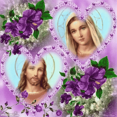 Jesus And Mary Are Surrounded By Purple Flowers GIF