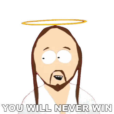 Jesus Cartoon With Halo Saying You Will Never Win Sticker
