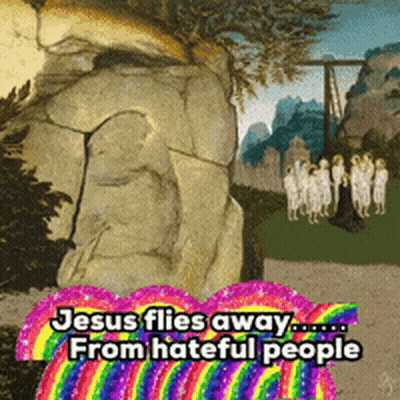 Jesus Flying Away From Hateful People With Rainbow GIF