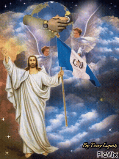 Jesus Holding Flag With Angels by Tony Lopez