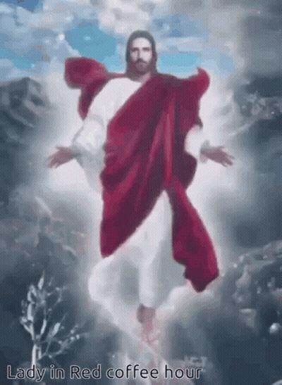 Jesus In Red Robe Flying Through Air GIF