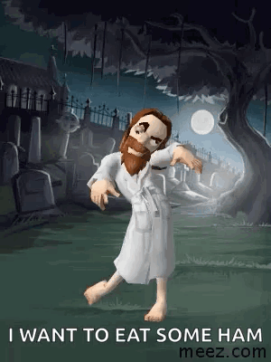 Jesus Is Dancing In A Cemetery With The Words `` I Want To Eat Some Ham '' Written On The Bottom . GIF