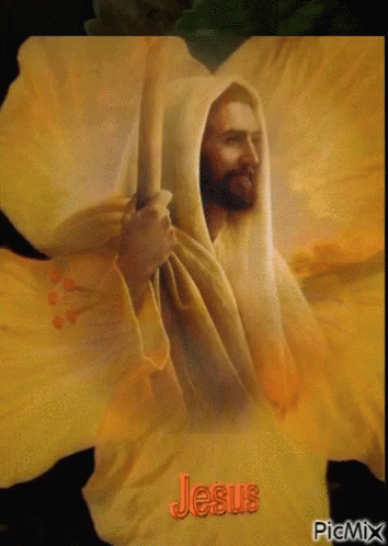 Jesus Is Standing In Front Of A Large Yellow Flower And Holding A Stick . GIF