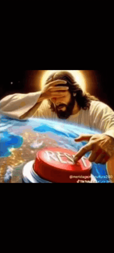Jesus Pressing Red Restart Button GIF
