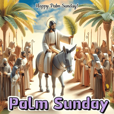 Jesus Riding On The Back Of A Donkey With Palm Sunday Written Below GIF