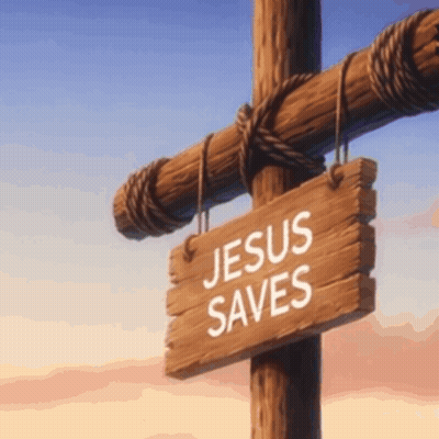 Jesus Saves Is Written On A Wooden Sign Hanging From A Cross GIF