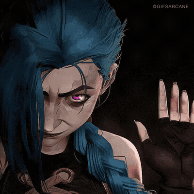Jinx From Arcane With Purple Eyes And Blue Hair GIF