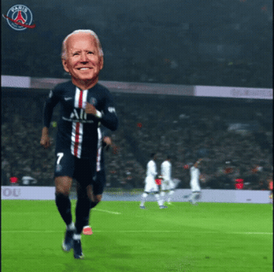 Joe Biden Is Running On A Soccer Field With The Paris Saint-Germain Logo Behind Him GIF