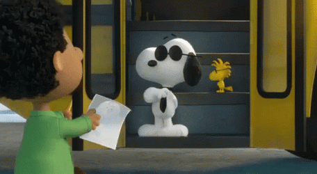Joe Cool And Woodstock On Bus Stairs GIF