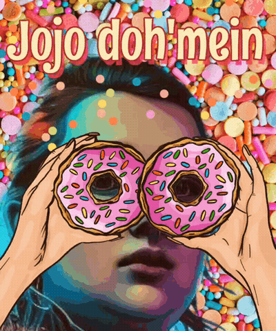 JoJo Doh Mein Poster Girl Looking Through Two Donuts GIF