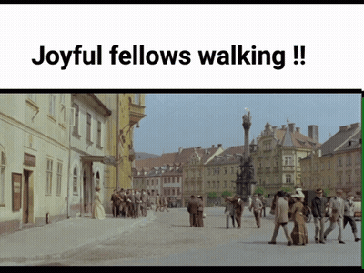 Joyful Fellows Walking Sign With City GIF