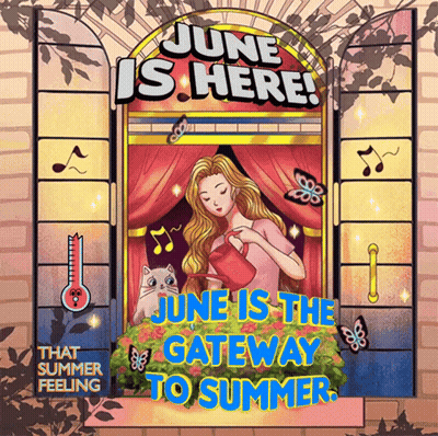June Is Here Poster Woman Watering Flowers GIF