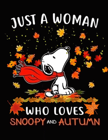 Just A Woman Who Loves Snoopy And Autumn Is Shown On A Black Background GIF