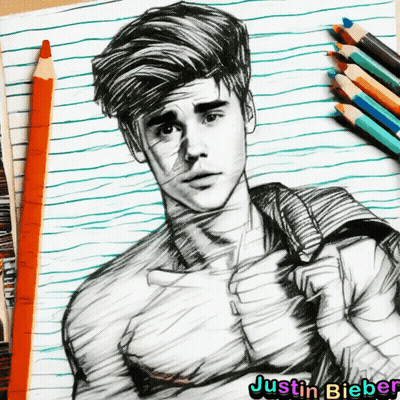 Justin Bieber Drawing With Colored Pencils GIF