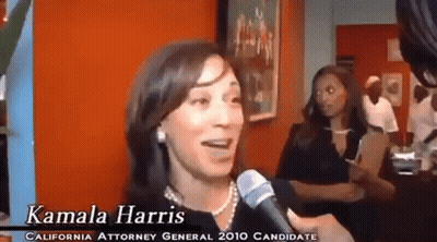 Kamala Harris Is Talking Into A Microphone While Standing In A Room GIF