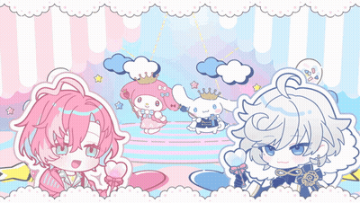 Kawaii Word On Pink And Blue Background With Cartoon Characters GIF