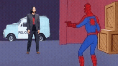 Keanu Reeves and Spider-Man Pointing at Each Other