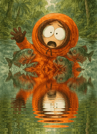 Kenny From South Park Surrounded By Piranhas GIF