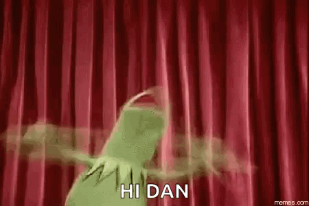 Kermit Frog Dancing By Red Curtain Saying Hi Dan GIF