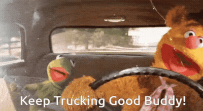 Kermit The Frog And Fozzie Bear Are Driving A Car With The Words " Keep Trucking Good Buddy " GIF