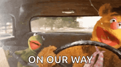 Kermit The Frog And Fozzie Bear Are Driving A Car With The Words On Our Way Written On The Side GIF